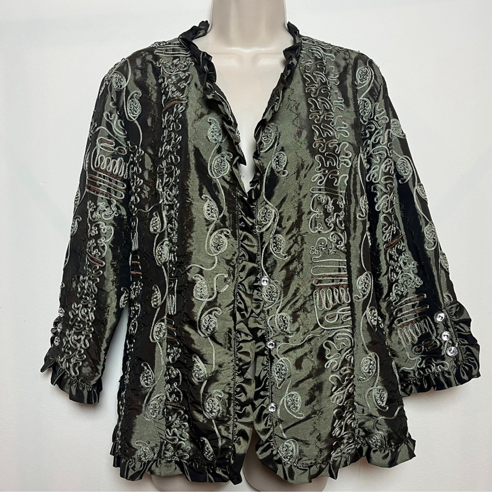 Embroidered Ruffle-Trim Open Front Blouse Jacket Olive Green 3/4 Sleeve